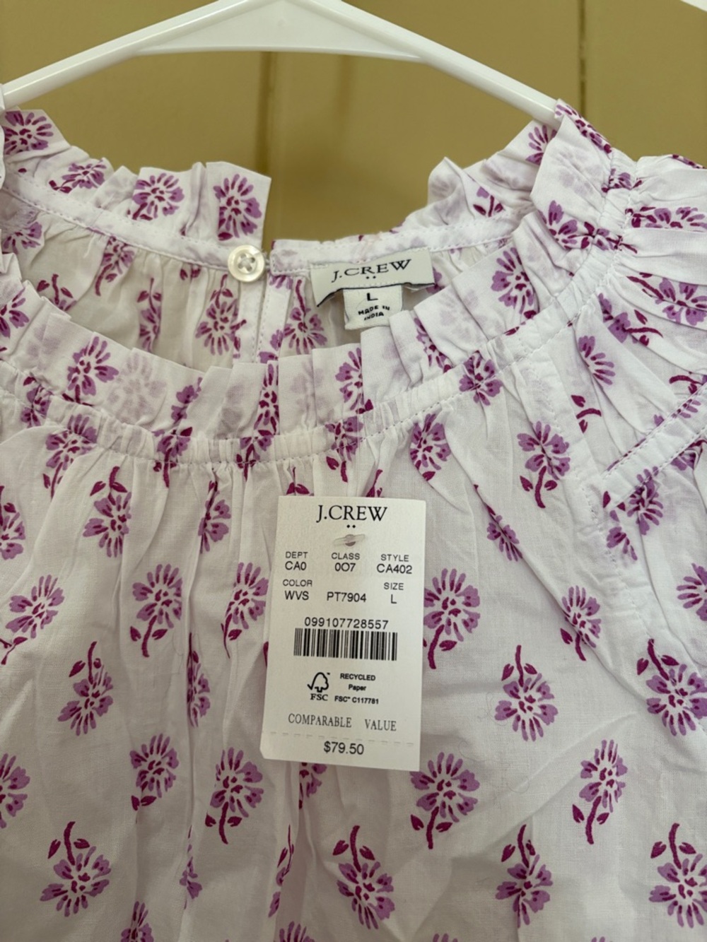 J. Crew White Cotton Top with Purple Floral Print - Picture 2 of 4
